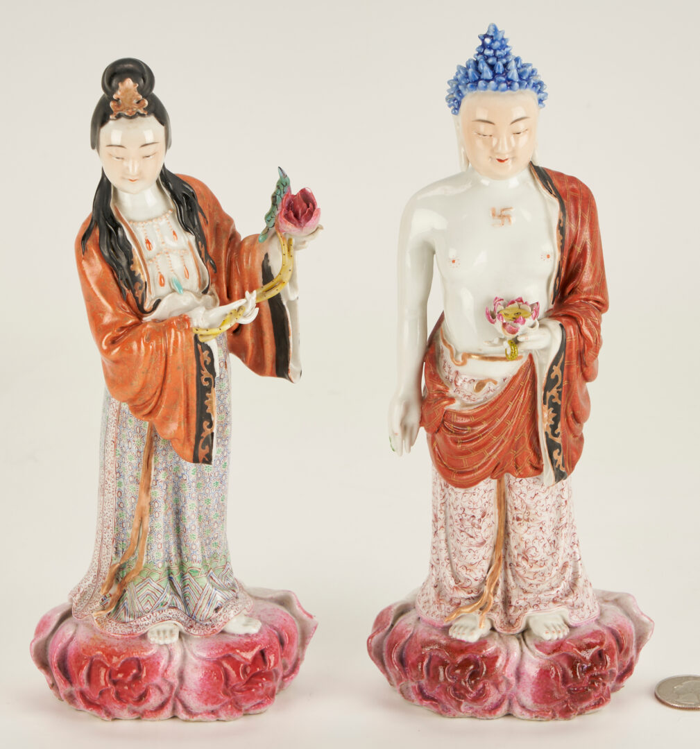 Lot 23: 2 Chinese Polychrome Figures, Standing Buddha & Guanyin