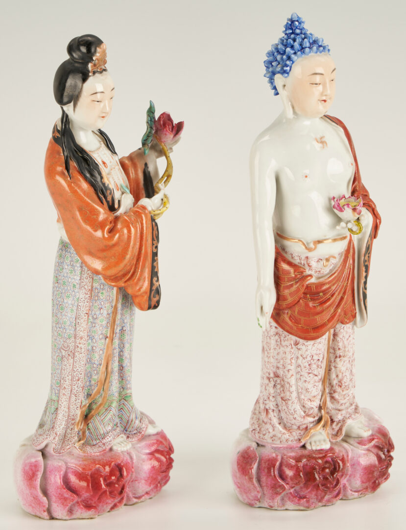 Lot 23: 2 Chinese Polychrome Figures, Standing Buddha & Guanyin
