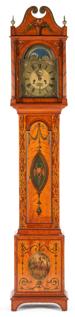 Lot 246: English Neoclassical Painted Satinwood Tall Case Clock