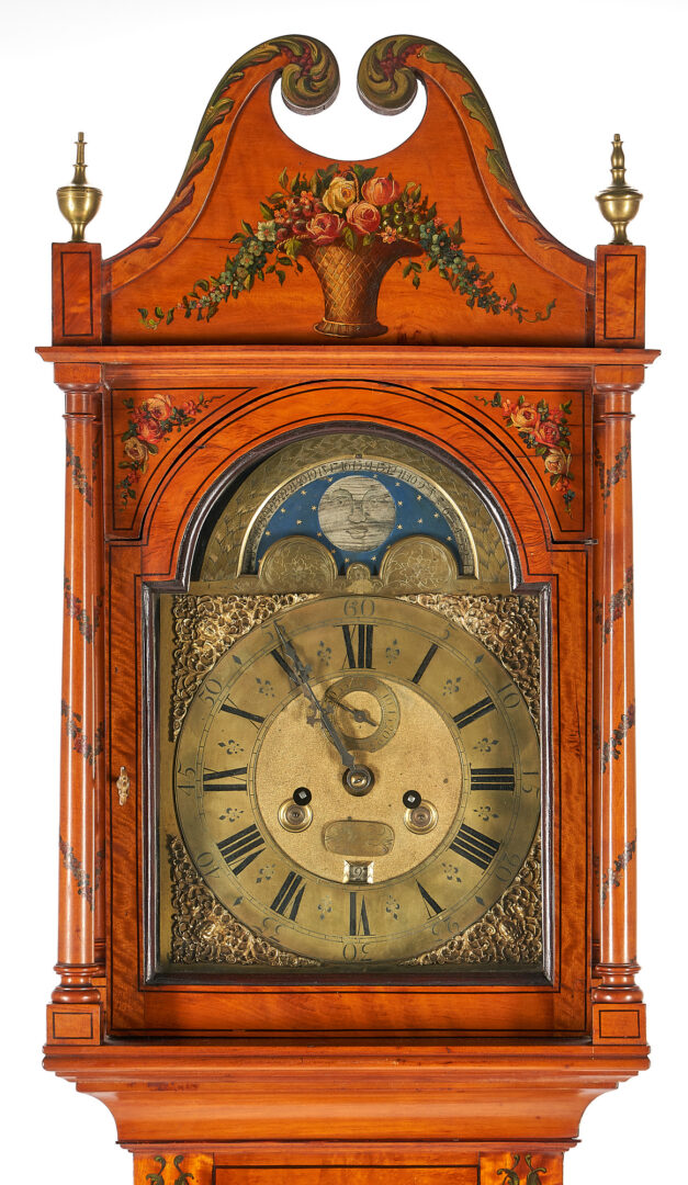 Lot 246: English Neoclassical Painted Satinwood Tall Case Clock