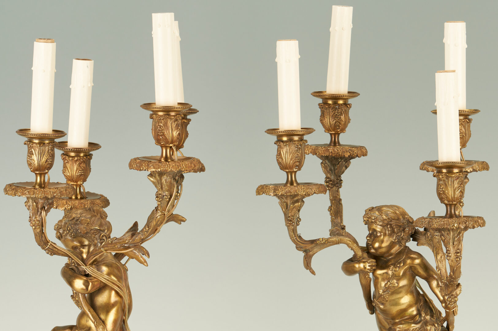Lot 249: Pair French Bronze Figural Candelabras, After Clodion