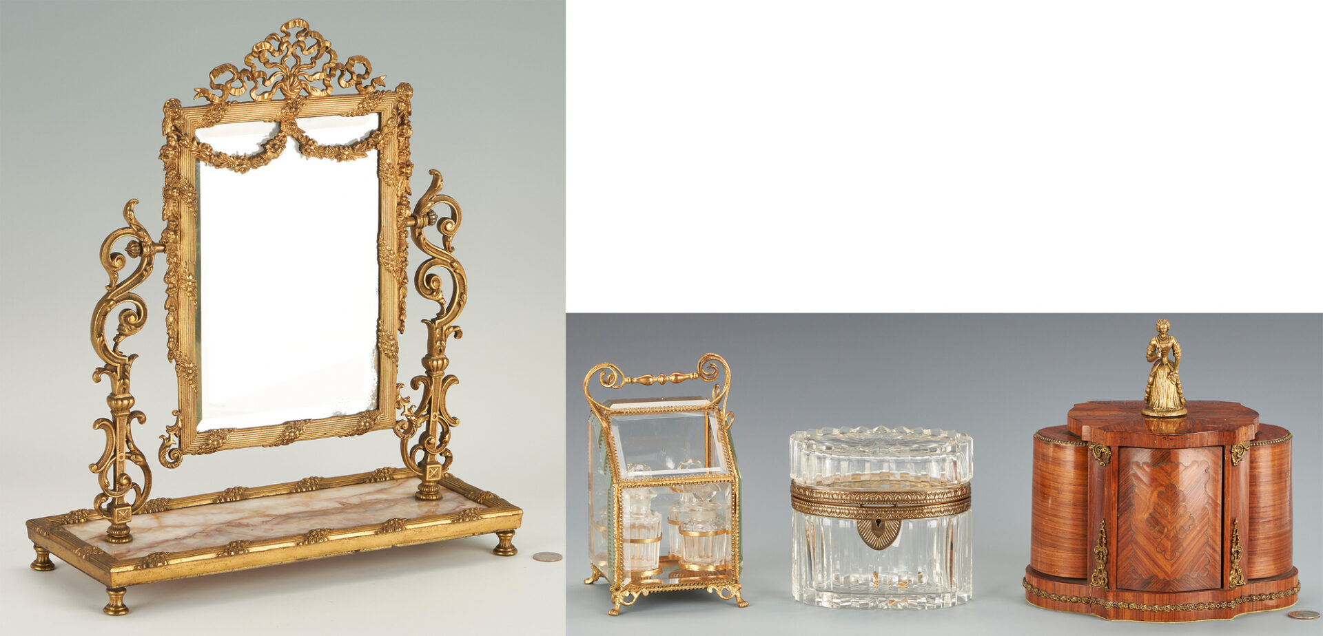 Lot 255: Decorative European Boxes, incl. French Marquetry and Gilt Marble Vanity Mirror, Total 4