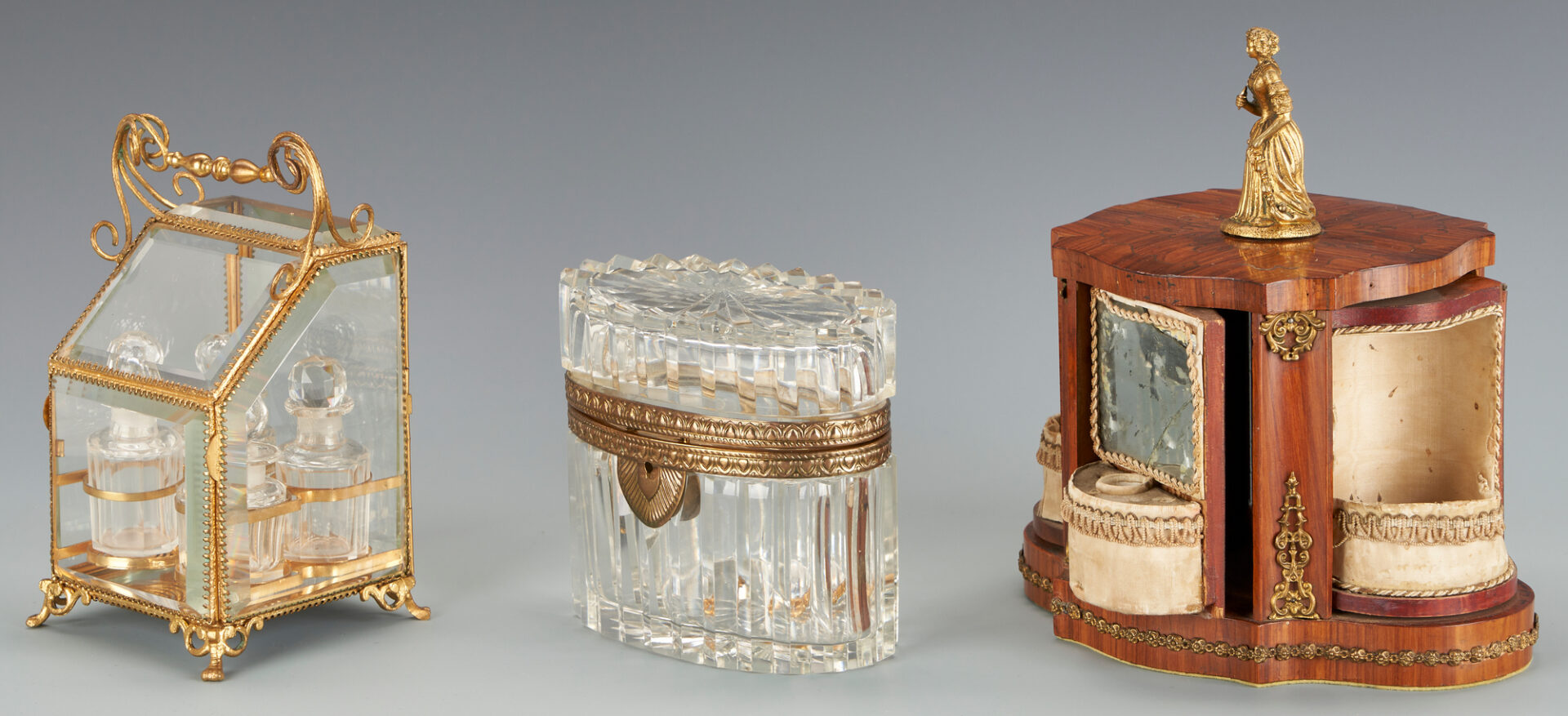 Lot 255: Decorative European Boxes, incl. French Marquetry and Gilt Marble Vanity Mirror, Total 4