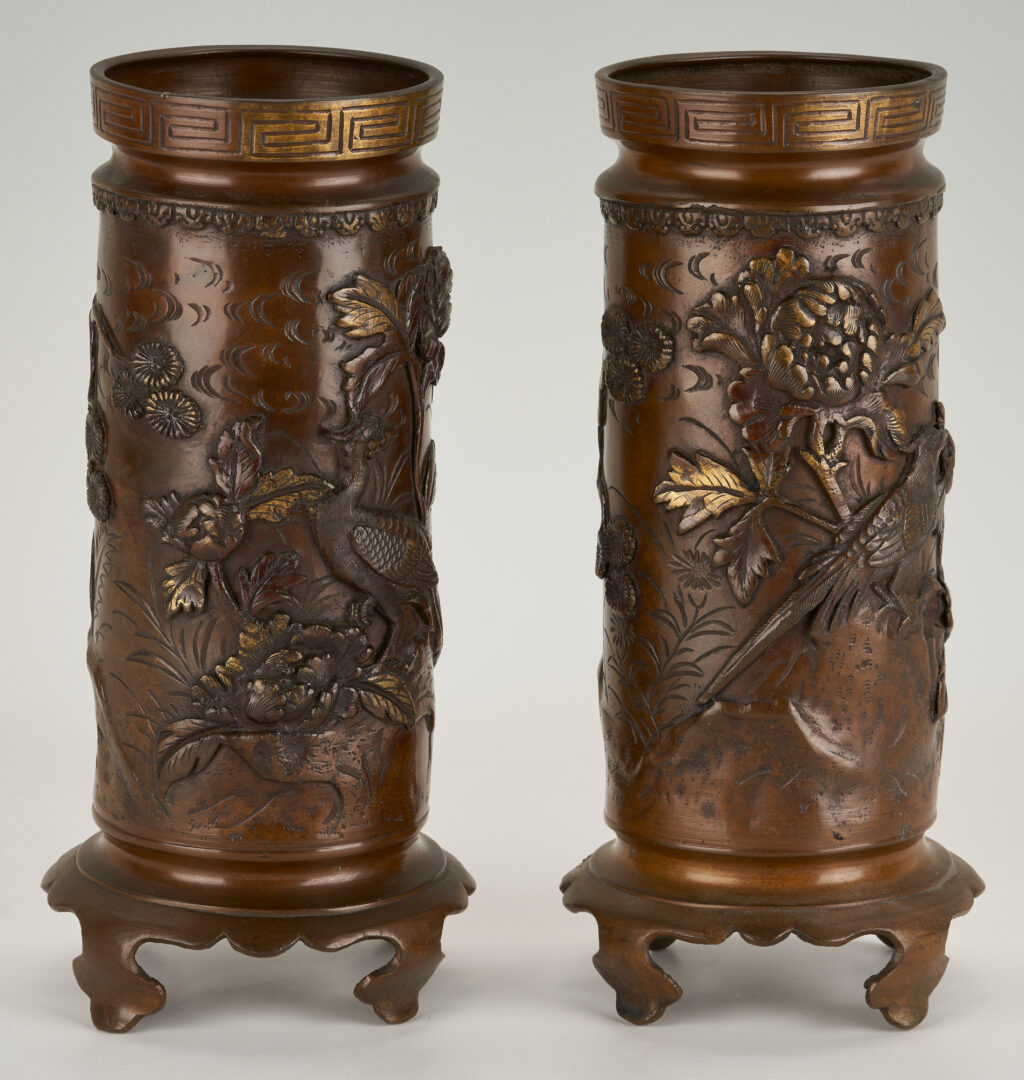 Lot 259: Pr. Meiji Japanese Bronze Relief Cylinder Vases, Signed