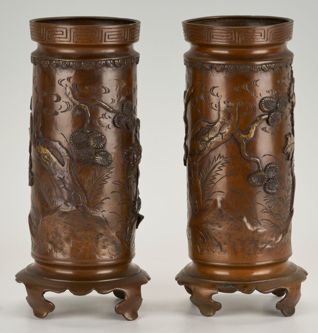 Lot 259: Pr. Meiji Japanese Bronze Relief Cylinder Vases, Signed