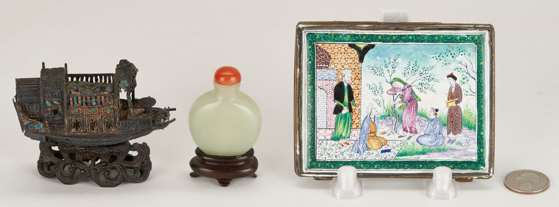 Lot 266: 3 Asian Items: Miniature Export Silver Ship, Jade Snuff Bottle, Persian Enamel Case
