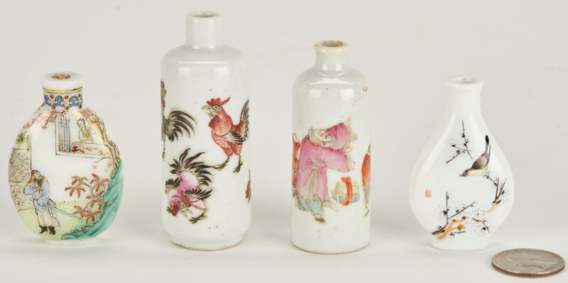 Lot 26: 4 Snuff Bottles Incl. Rooster, Cat, and Chinese Famille Verte Decoration