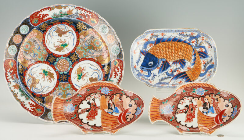 Lot 275: 4 Japanese Meiji Period Imari Porcelain Items, incl. Charger, 3 Fish Dishes