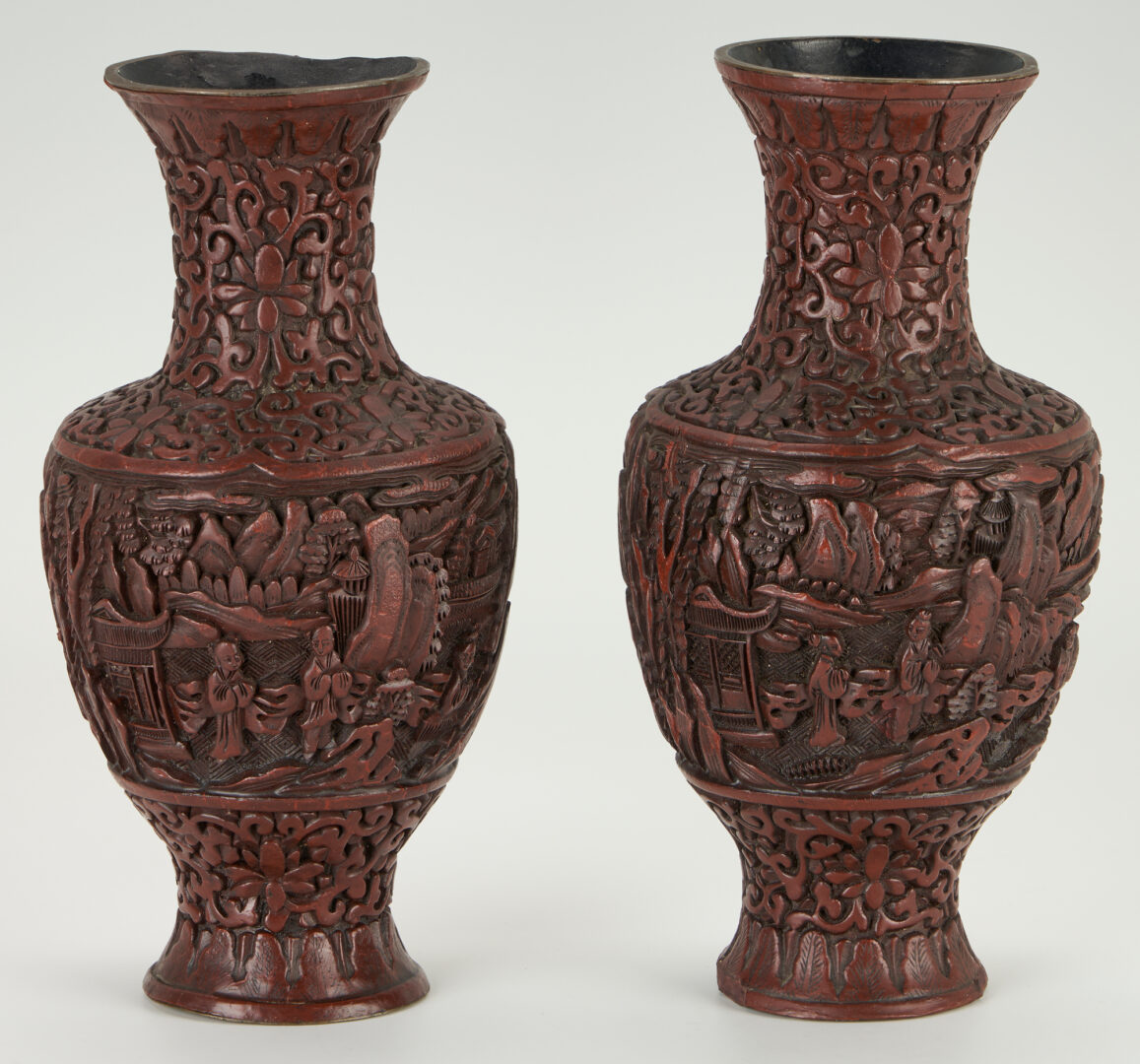 Lot 27: 2 Carved Chinese Buddhist Figures plus Pr. Cinnabar Tixi Lacquer Vases