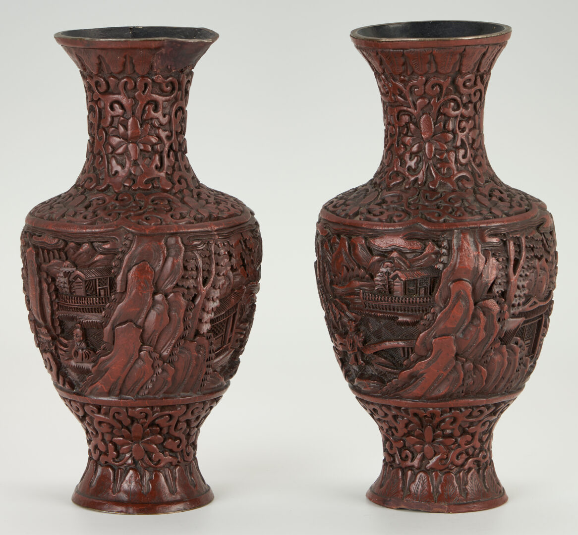 Lot 27: 2 Carved Chinese Buddhist Figures plus Pr. Cinnabar Tixi Lacquer Vases
