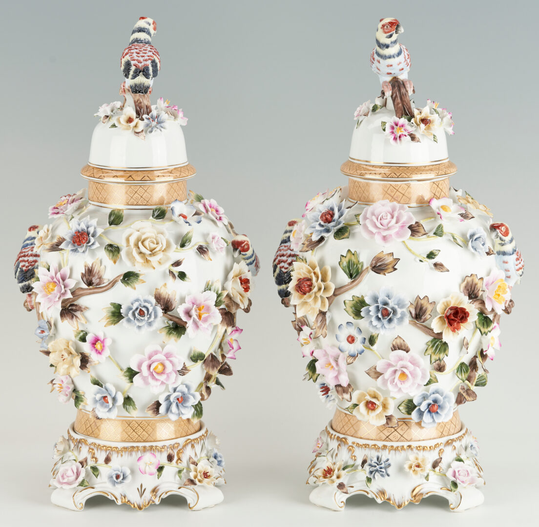 Lot 280: Pr. Richard Klemm Dresden Floral Encrusted Porcelain Urns