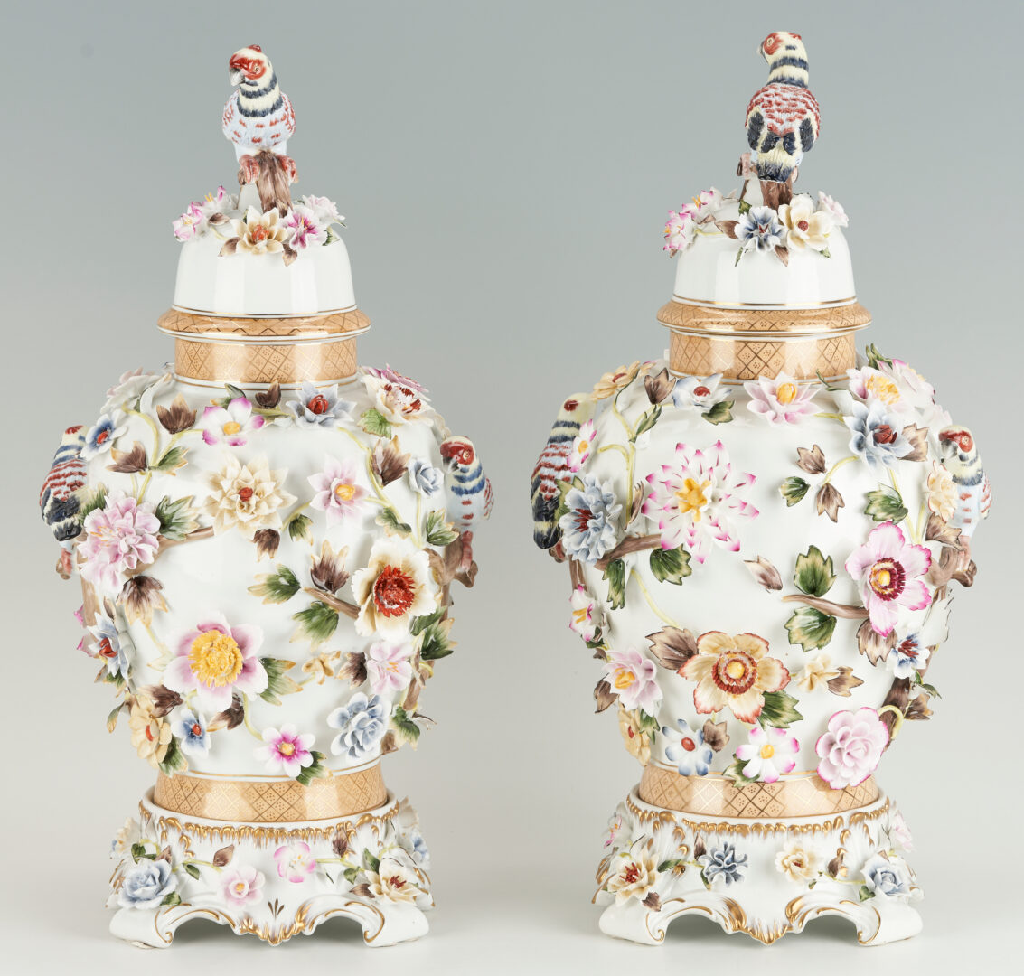 Lot 280: Pr. Richard Klemm Dresden Floral Encrusted Porcelain Urns