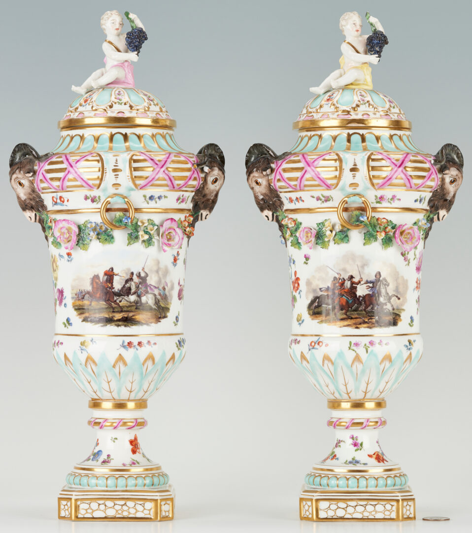 Lot 281: Pr. Large KPM Neoclassical Porcelain Covered Urns, Battle Scenes