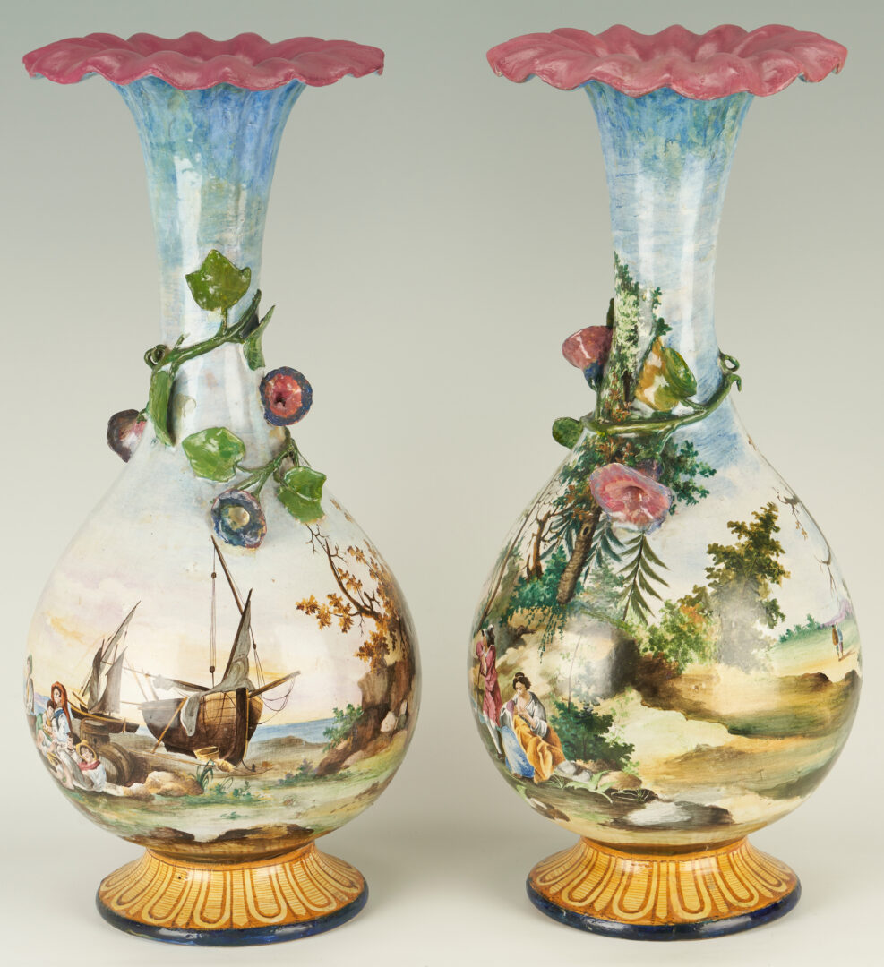 Lot 293: Pair of Italian Majolica Trumpet Vases, Mollica Family
