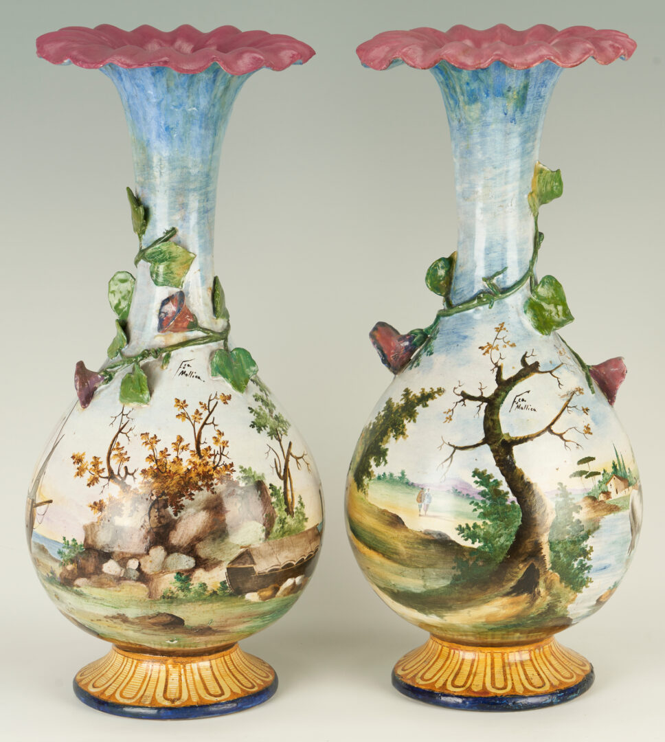 Lot 293: Pair of Italian Majolica Trumpet Vases, Mollica Family
