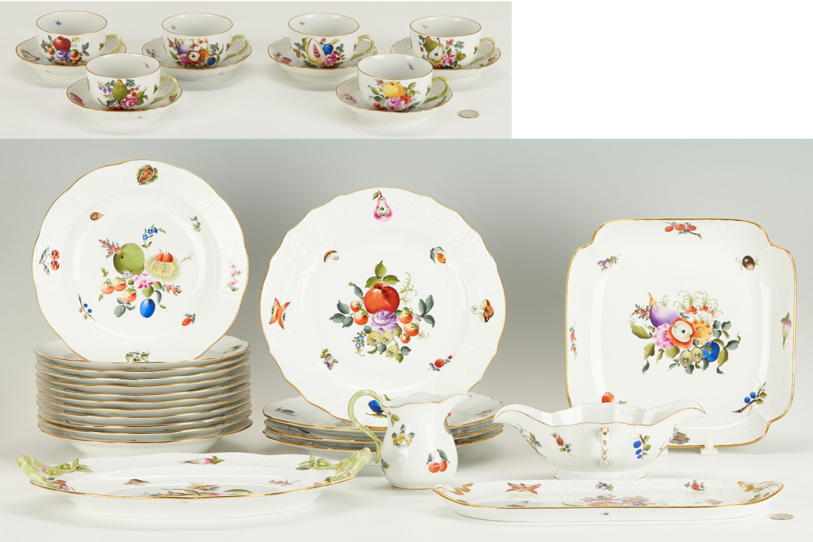 Lot 296: 33 Pcs. Herend Porcelain, Fruits & Flowers (BFR) Dinnerware