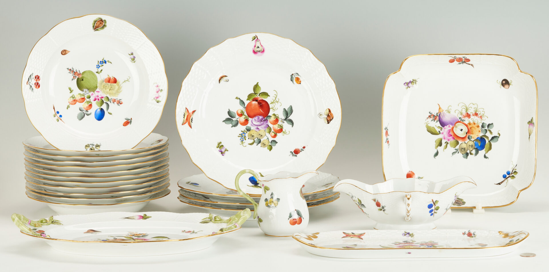 Lot 296: 33 Pcs. Herend Porcelain, Fruits & Flowers (BFR) Dinnerware
