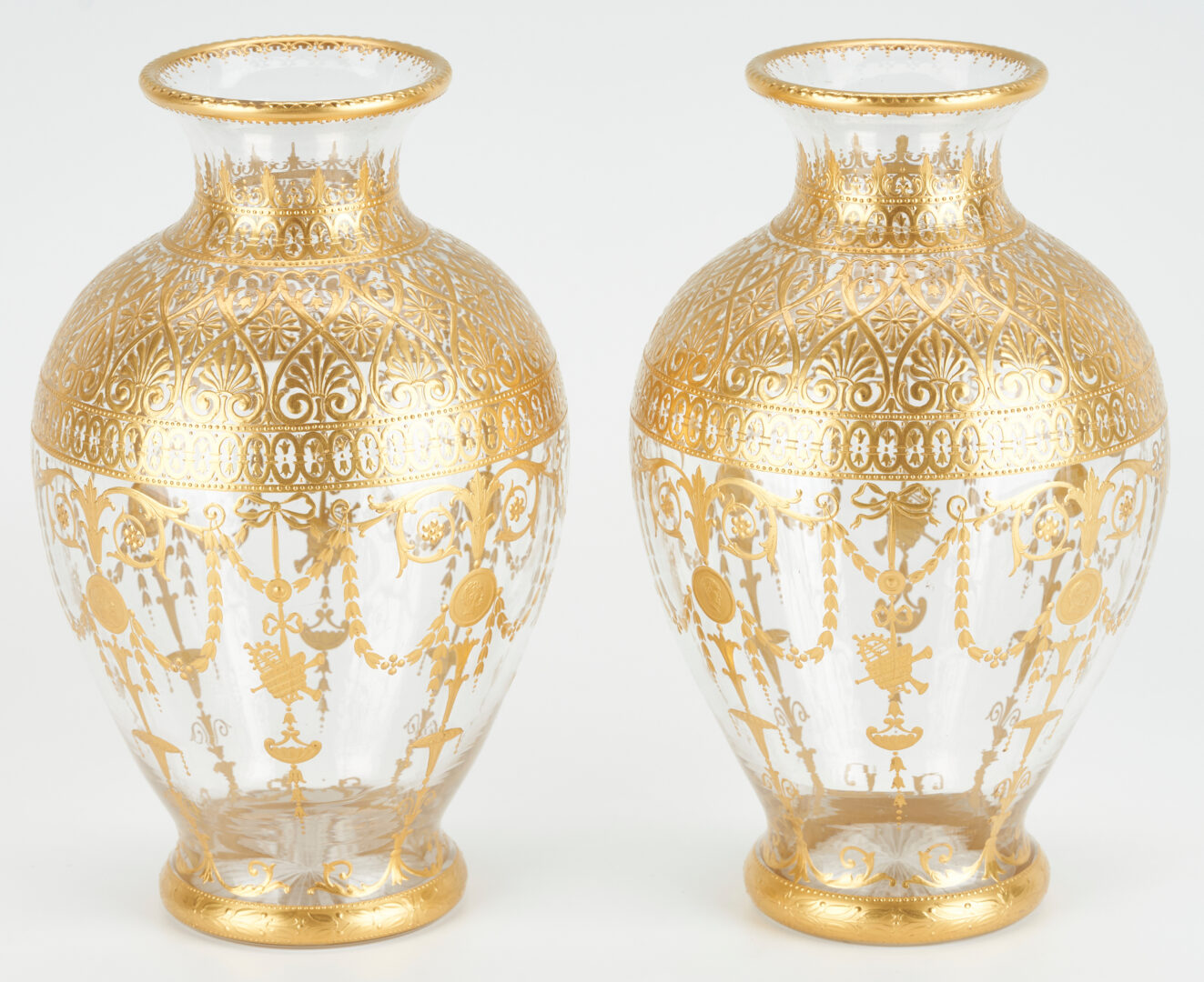 Lot 313: Pair of Baccarat Vases w/ Neoclassical Gilt Decoration