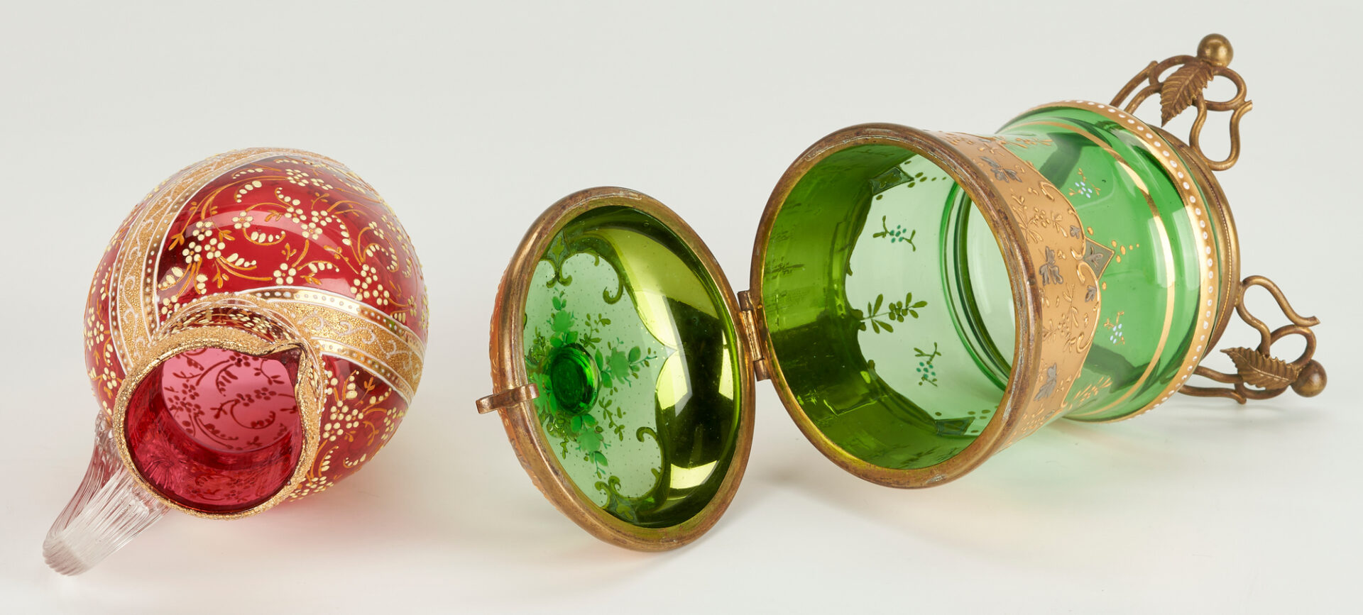 Lot 315: 4 Decorative Items, 3 Moser Gilt Enameled Glass, incl. Signed Jar & Belleek Thistle Vase