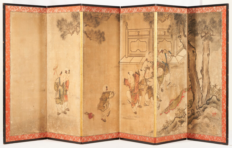 Lot 33: Japanese Six-Panel Painted Screen, Artist Signed