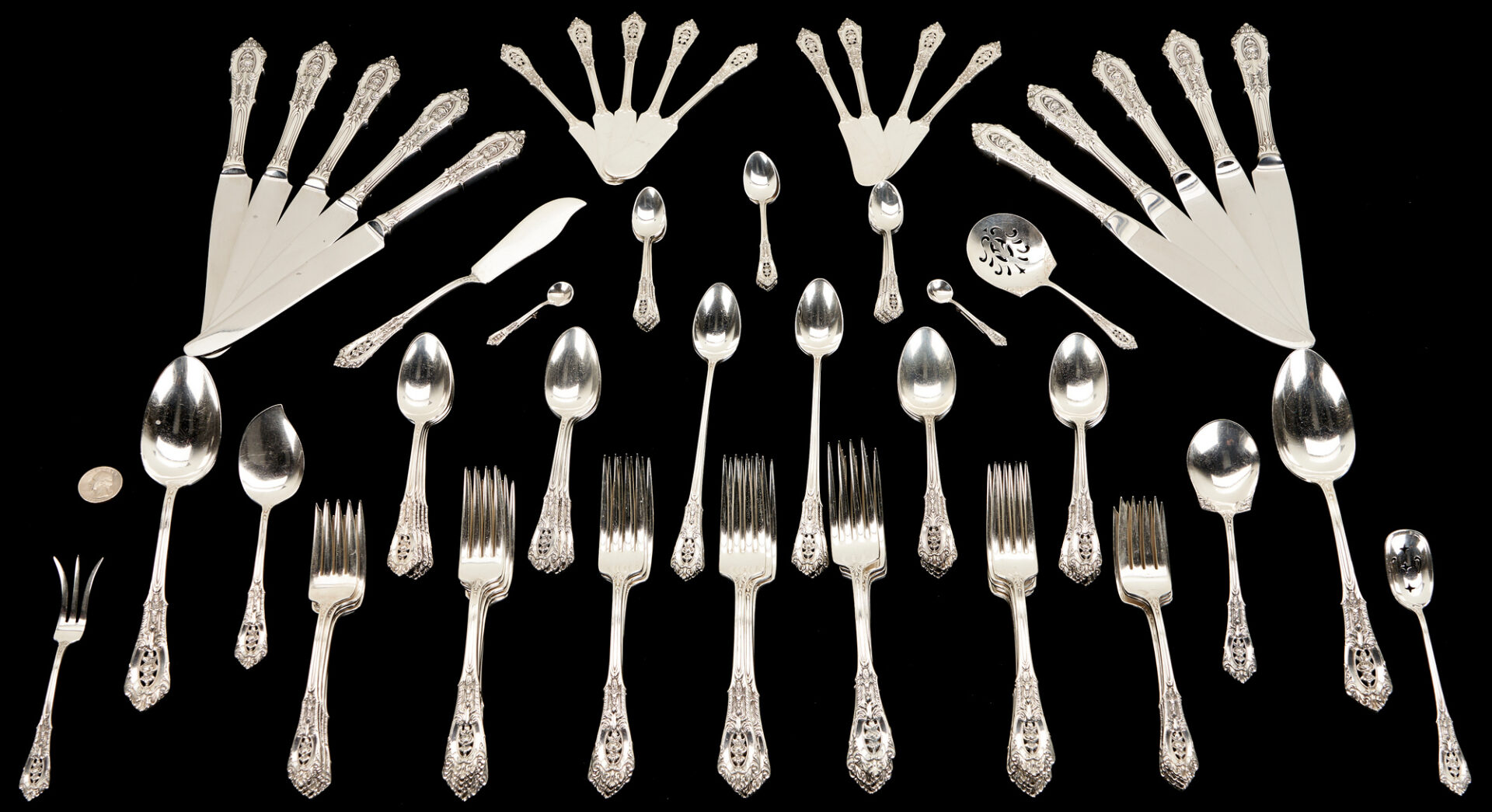 Lot 351: 91 Pcs. Wallace Rosepoint Sterling Silver Flatware, Service for 10