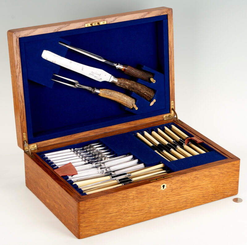 Lot 352: Cased English Sterling Silver flatware set plus some plated pieces, 70 pcs. total