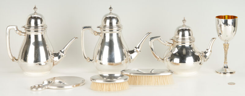 Lot 353: 7 Pcs. Sterling Hollowware Incl. Tea Set, Tiffany Dresser Set, Garrard & Co. Wine Goblet