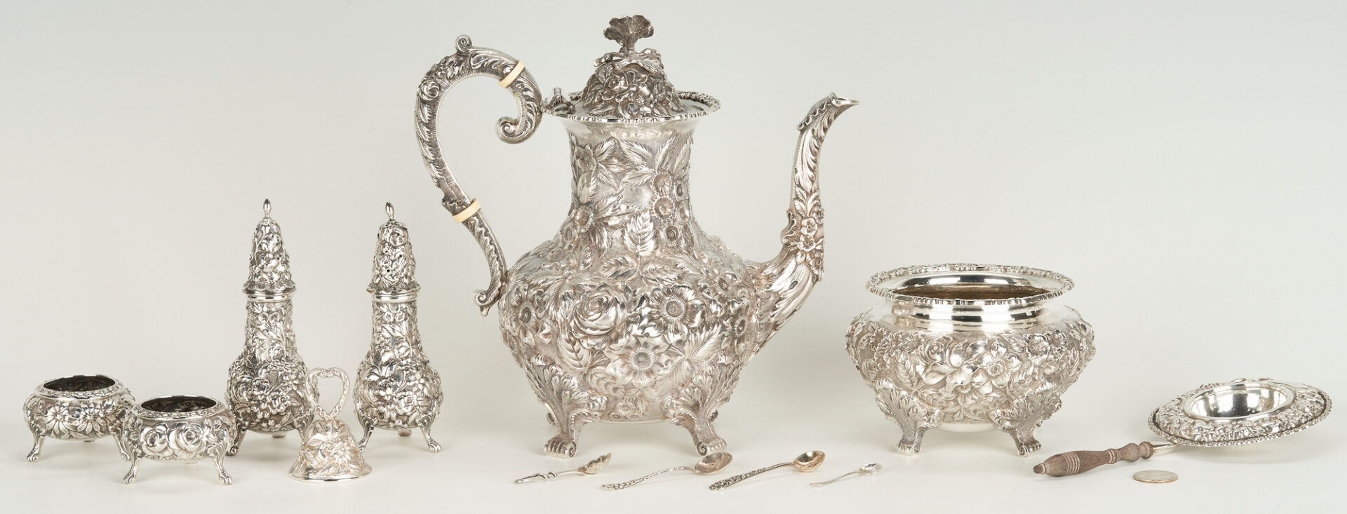 Lot 356: 10 Sterling Silver Repousse Items, incl. Schofield Co. Baltimore Rose, Kirk Steiff, 12 items
