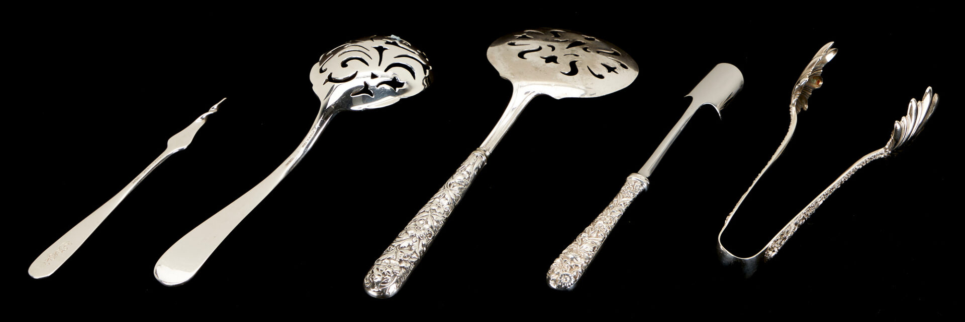 Lot 357: 70 Pcs. S. Kirk and Son Repousse Sterling Silver Serving Flatware, 83 items