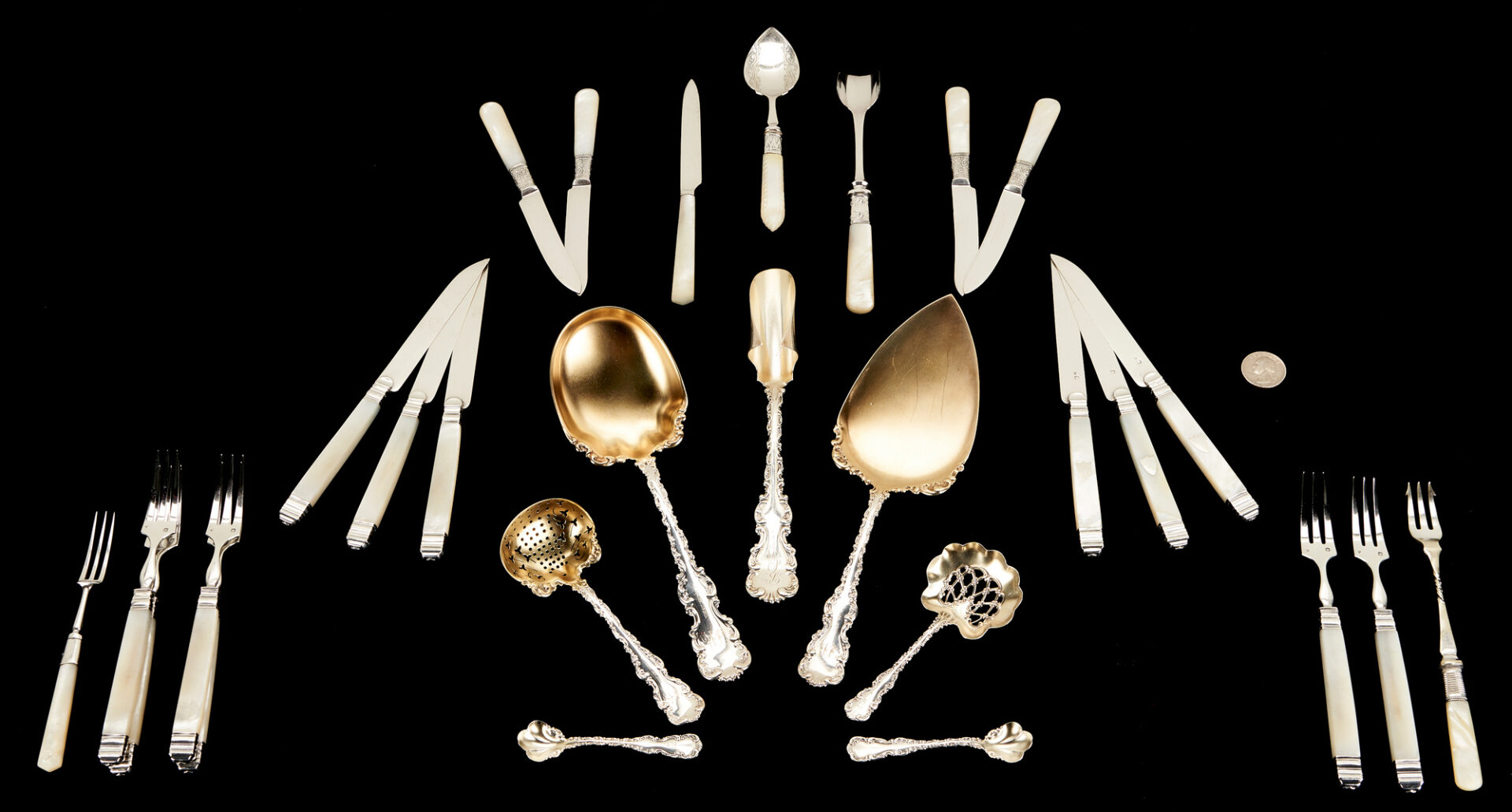 Lot 367: 28 pcs Flatware: Whiting Sterling Silver Dessert Service plus Mother of Pearl Handled Flatware