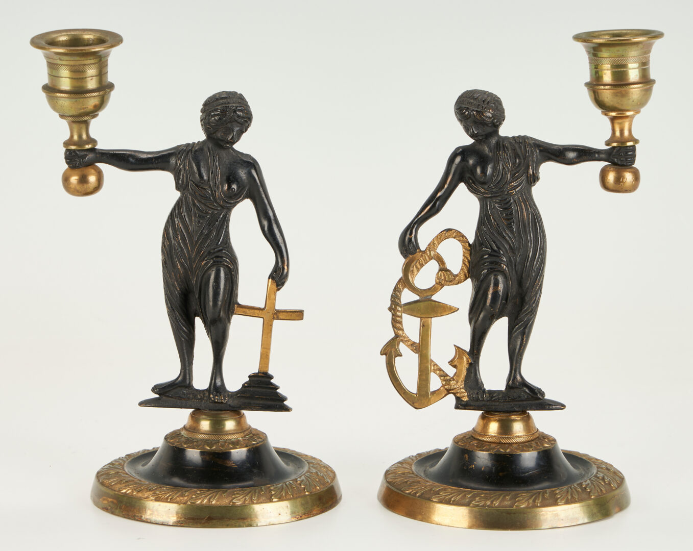 Lot 374: 4 Neoclassical Accessories: Urn, Shell Dish, & Figural Candlesticks