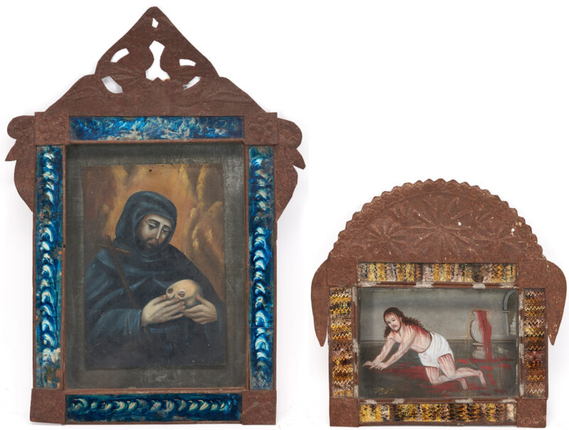 Lot 379: 2 Framed Mexican Folk Art Retablos, Lord of the Column & St. Jerome