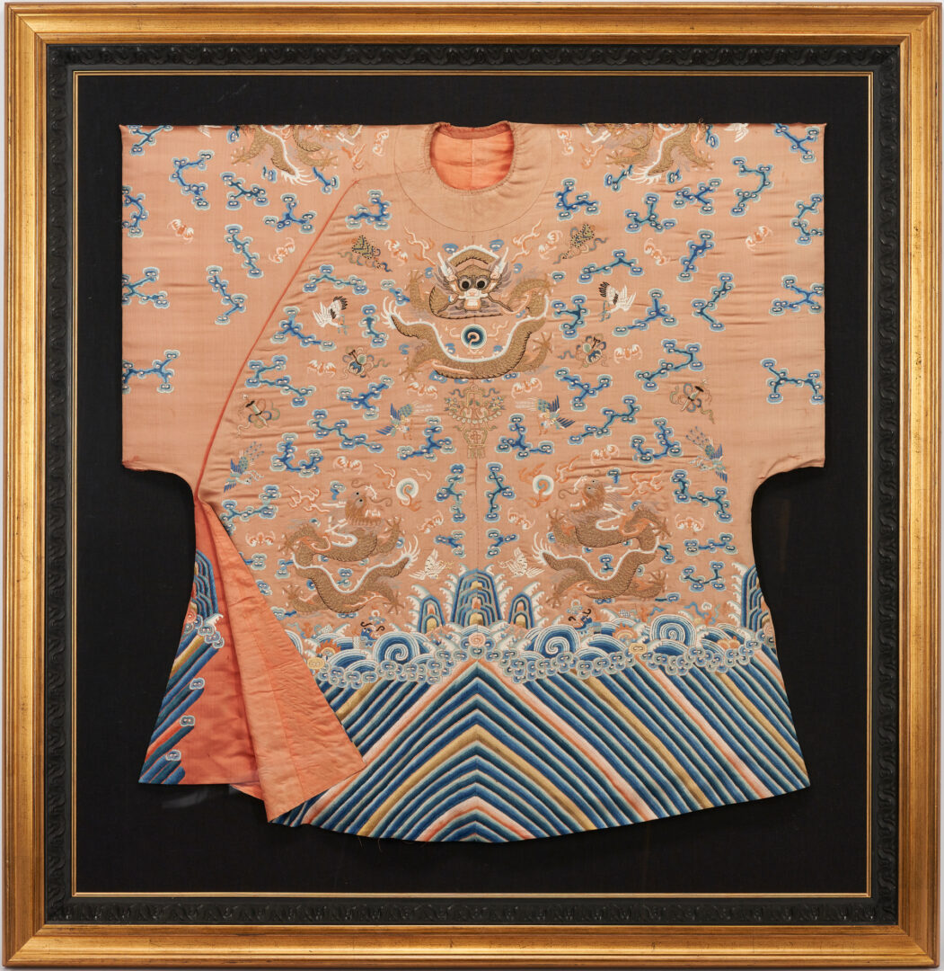 Lot 37: Chinese Apricot Silk Court Robe in Shadowbox Frame