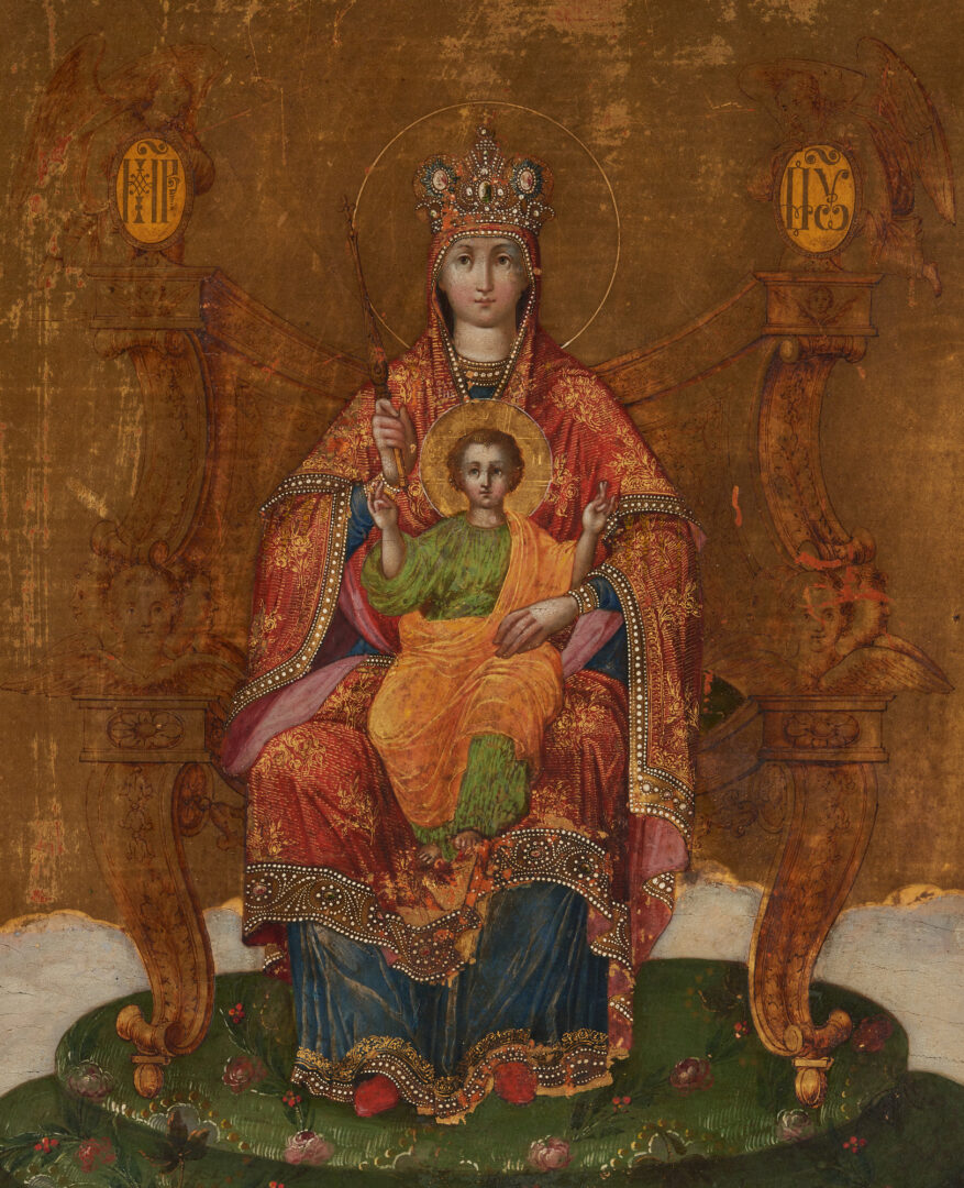Lot 389: Madonna & Child Enthroned Icon Painting, Orthodox Theotokos