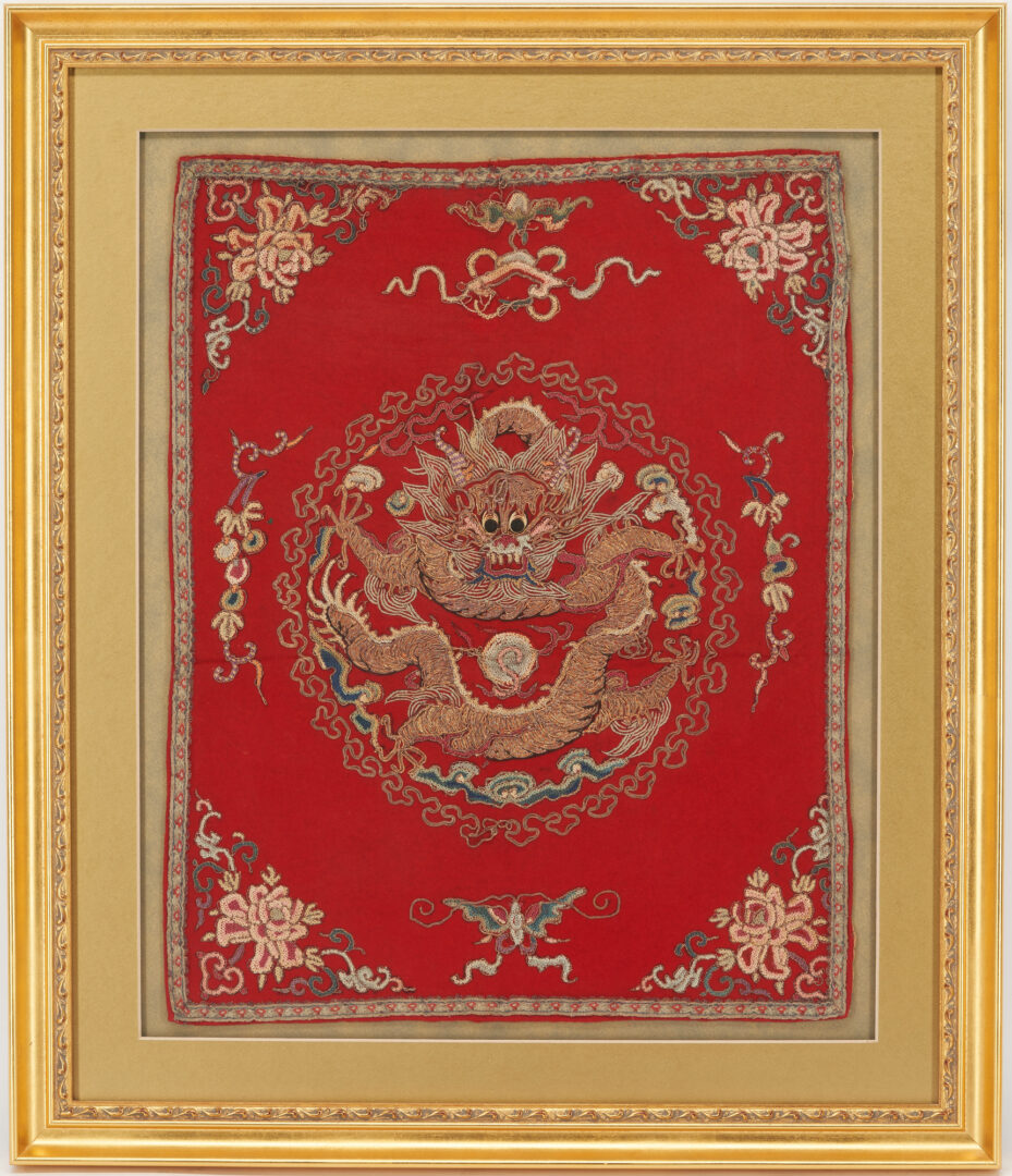 Lot 38: Pr. Chinese Embroidered Silk & Metallic Dragon Panels
