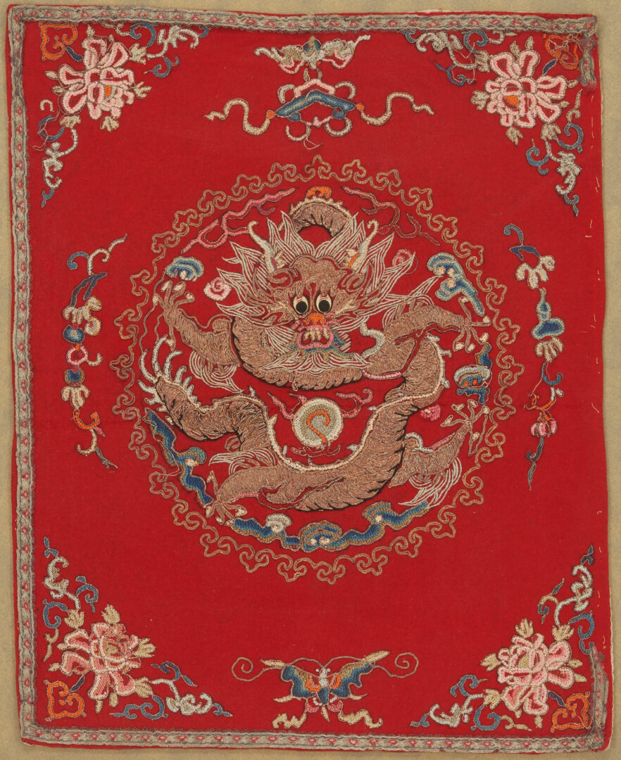 Lot 38: Pr. Chinese Embroidered Silk & Metallic Dragon Panels