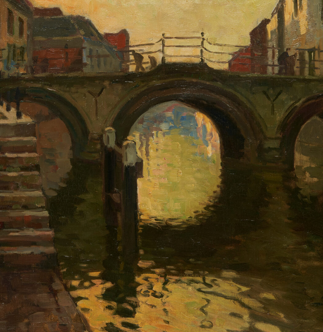 Lot 400: Bernardus Viegers O/C Painting, Canal with Bridge