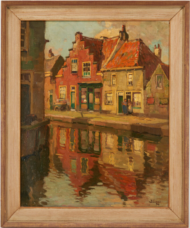 Lot 401: Bernardus Viegers O/C Canal Painting, Houses over Water