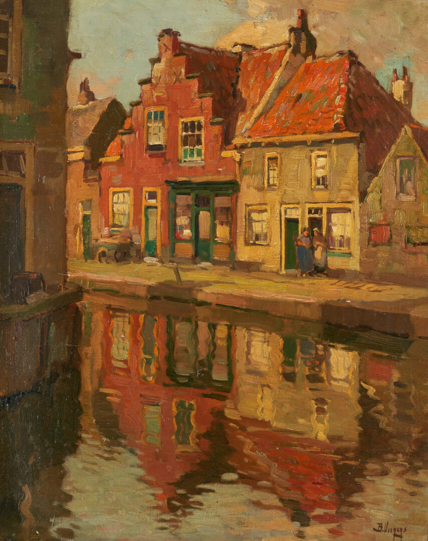 Lot 401: Bernardus Viegers O/C Canal Painting, Houses over Water