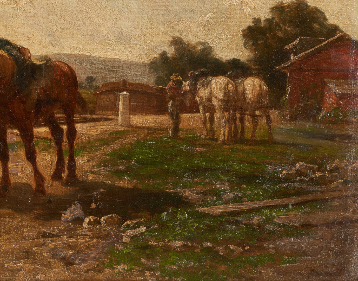 Lot 406: Clement Quinton O/C Rural Genre Painting, Figure with Horses