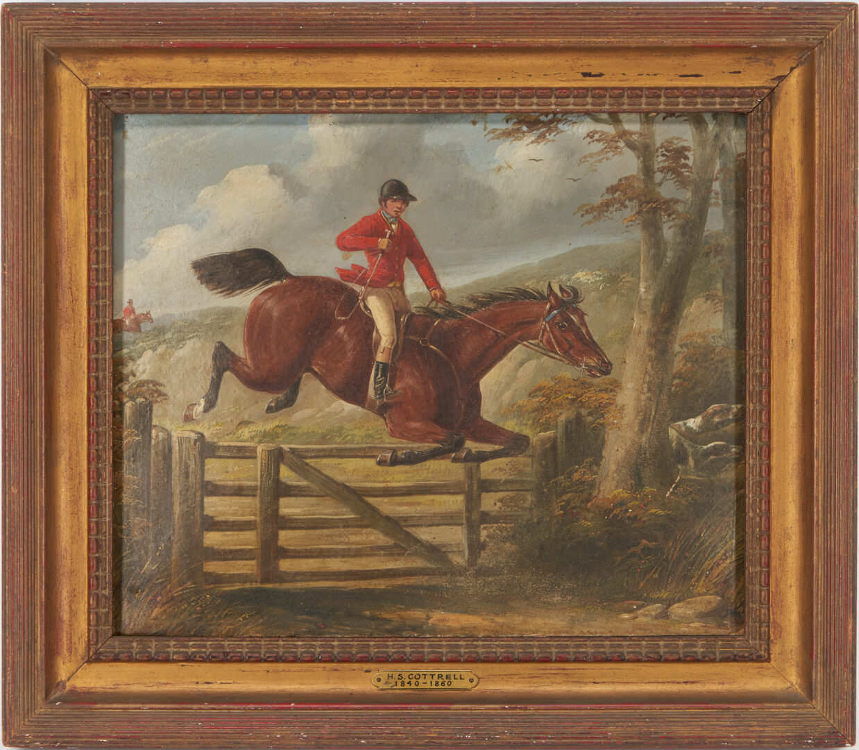 Lot 408: Henry S. Cottrell Oil English Hunt Scene Painting, Taking a Gate
