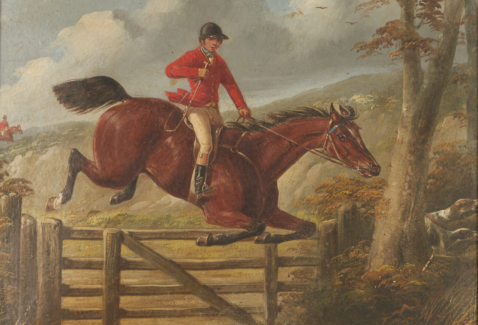 Lot 408: Henry S. Cottrell Oil English Hunt Scene Painting, Taking a Gate