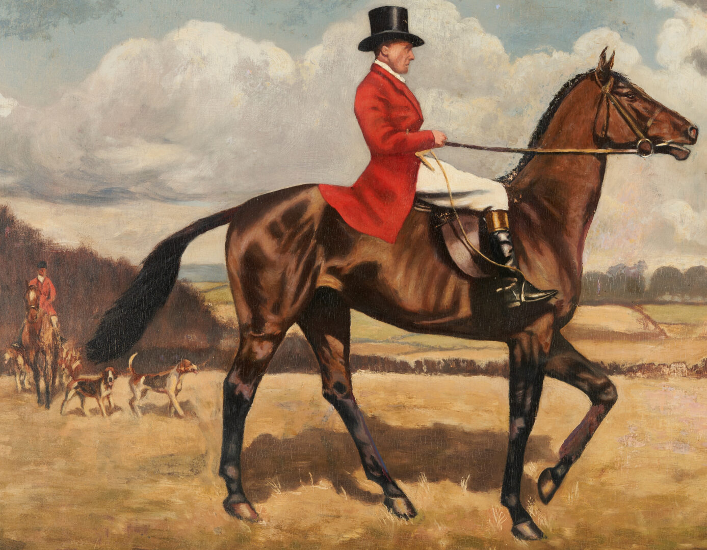 Lot 409: English School O/B Painting, Equestrian Hunt Scene