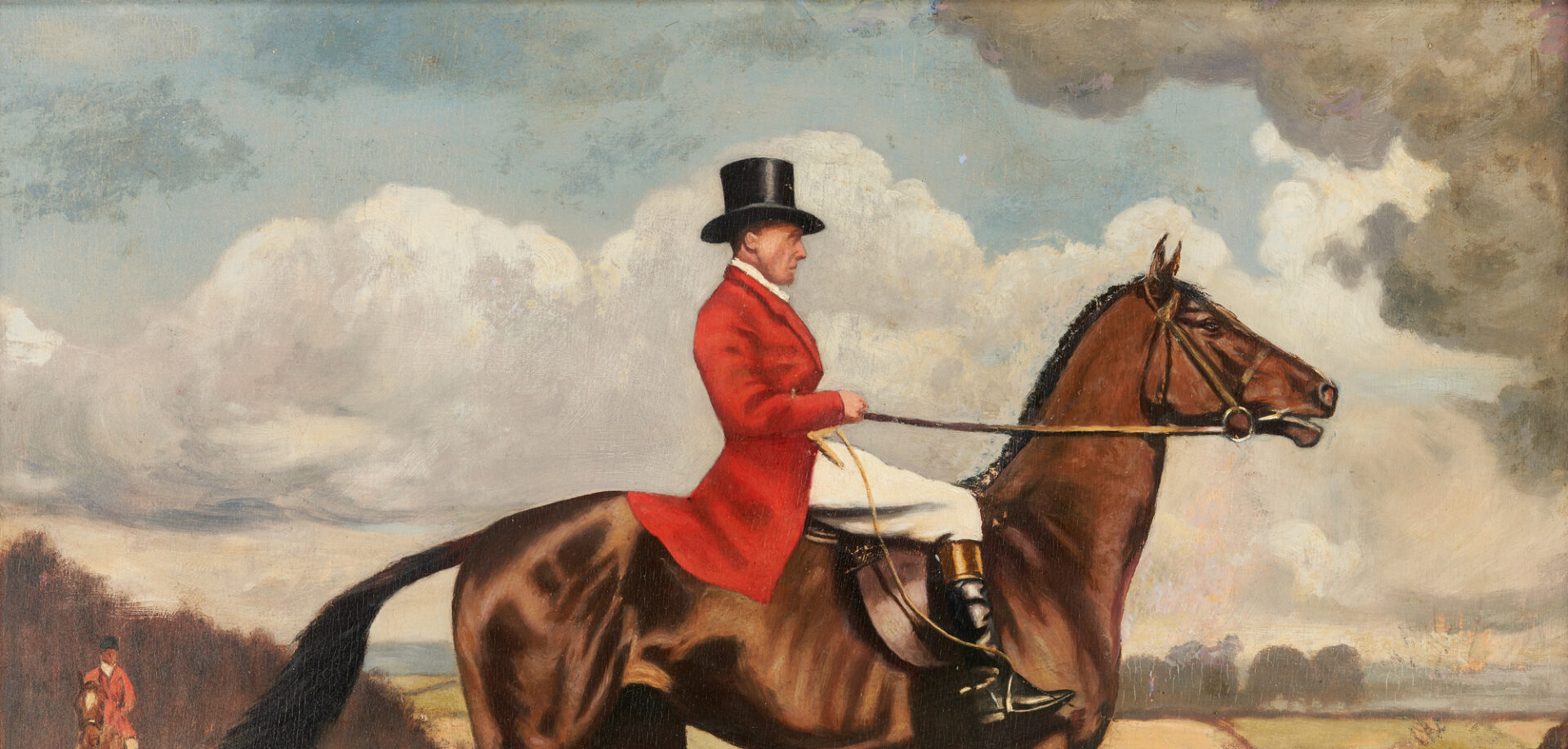 Lot 409: English School O/B Painting, Equestrian Hunt Scene