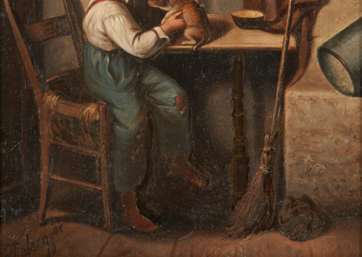 Lot 412: Franz von Defregger O/P Genre Scene Painting, Peasant Boy w/ Puppy