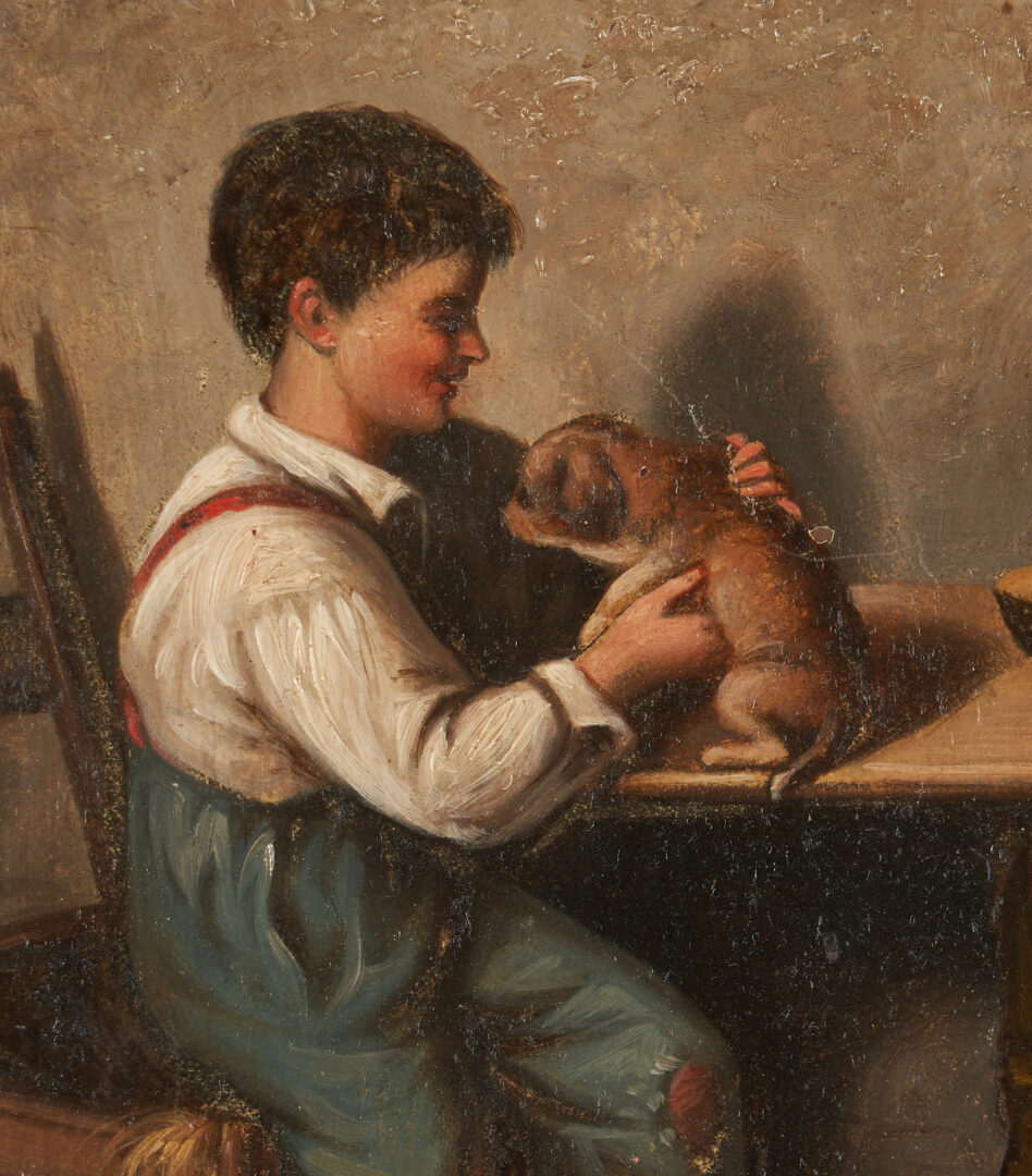 Lot 412: Franz von Defregger O/P Genre Scene Painting, Peasant Boy w/ Puppy