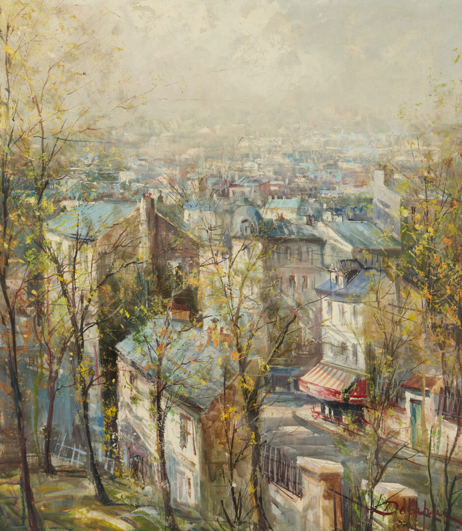 Lot 417: Lucien Delarue O/C Cityscape Painting, Parisian Cafe