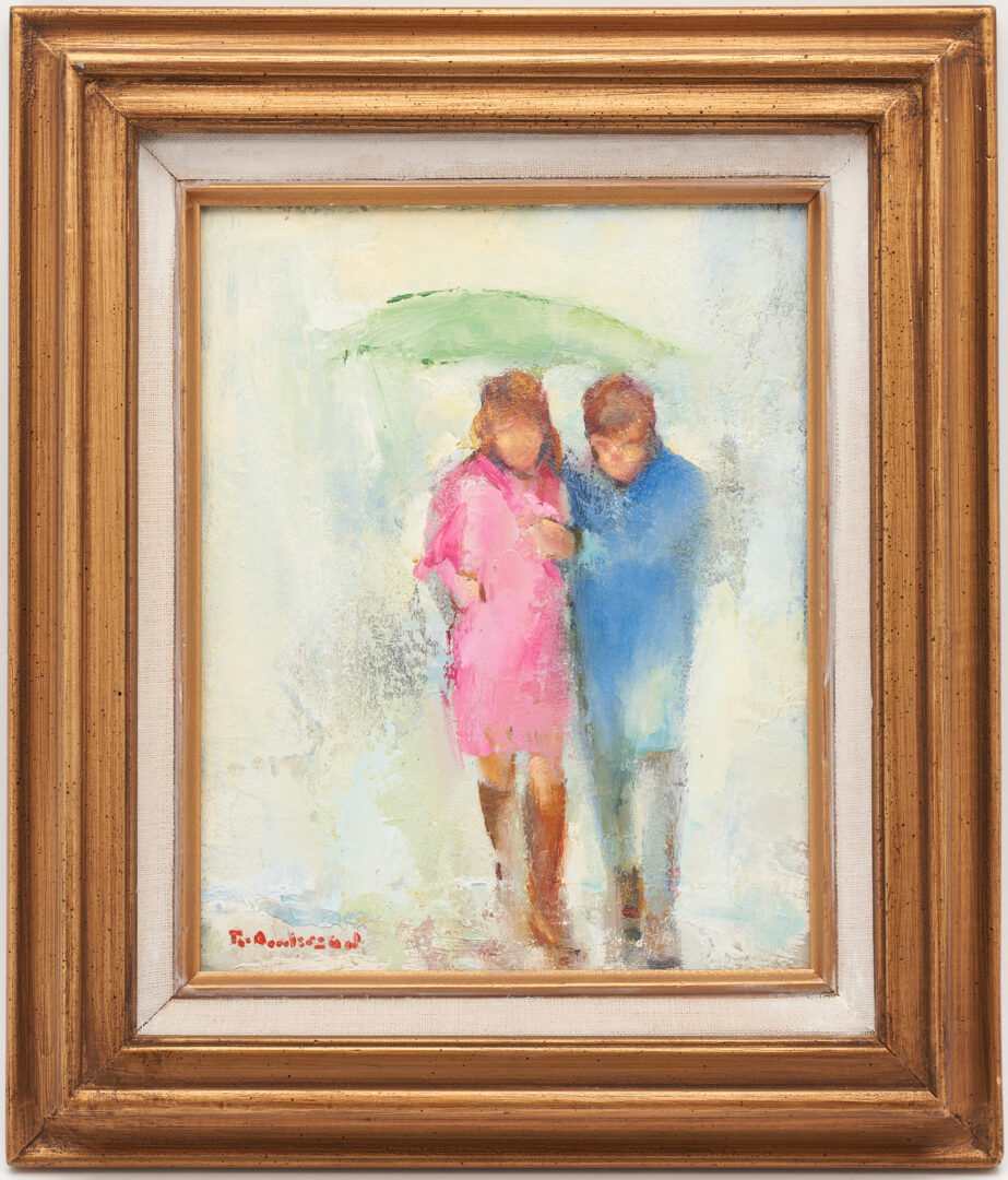 Lot 425: 2 Ruth B. Anderson Paintings, Rainy Street Scene & Couple in Rain