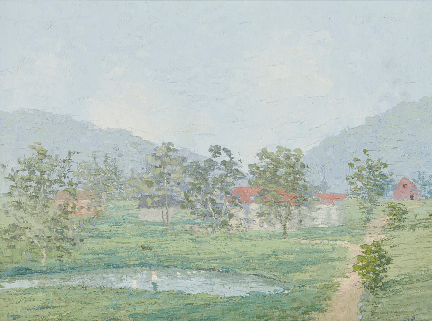 Lot 431: J. Vance Miller O/B Landscape Painting, Farm Pond