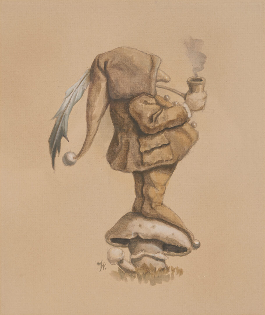 Lot 443: 3 Werner Wildner Artworks, incl. Gnome, Owl, Mushrooms